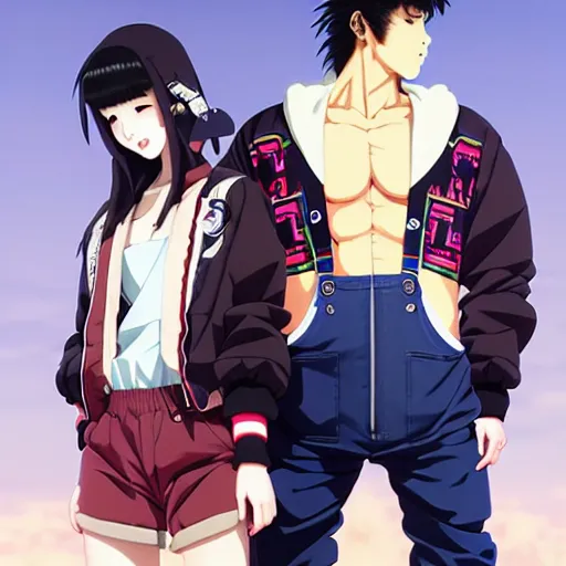 Image similar to a beautiful androgoynous anime boy gravure model, wearing oversized mayan bomber jacket and leotard with overalls, bulky poofy bomber jacket with mayan patterns, aztec street fashion, gapmoe yandere grimdark, trending on pixiv fanbox, painted by greg rutkowski makoto shinkai takashi takeuchi studio ghibli, akihiko yoshida