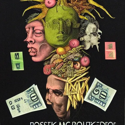 Image similar to post - punk new age album cover, asymmetrical design, dollars, bank notes, magic, apocalypse, psychedelic, black white pink, magic, giger h. r., giuseppe arcimboldo