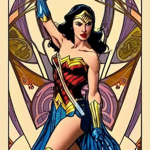 Image similar to gal gadot as wonder woman, mucha style, art nouveau,