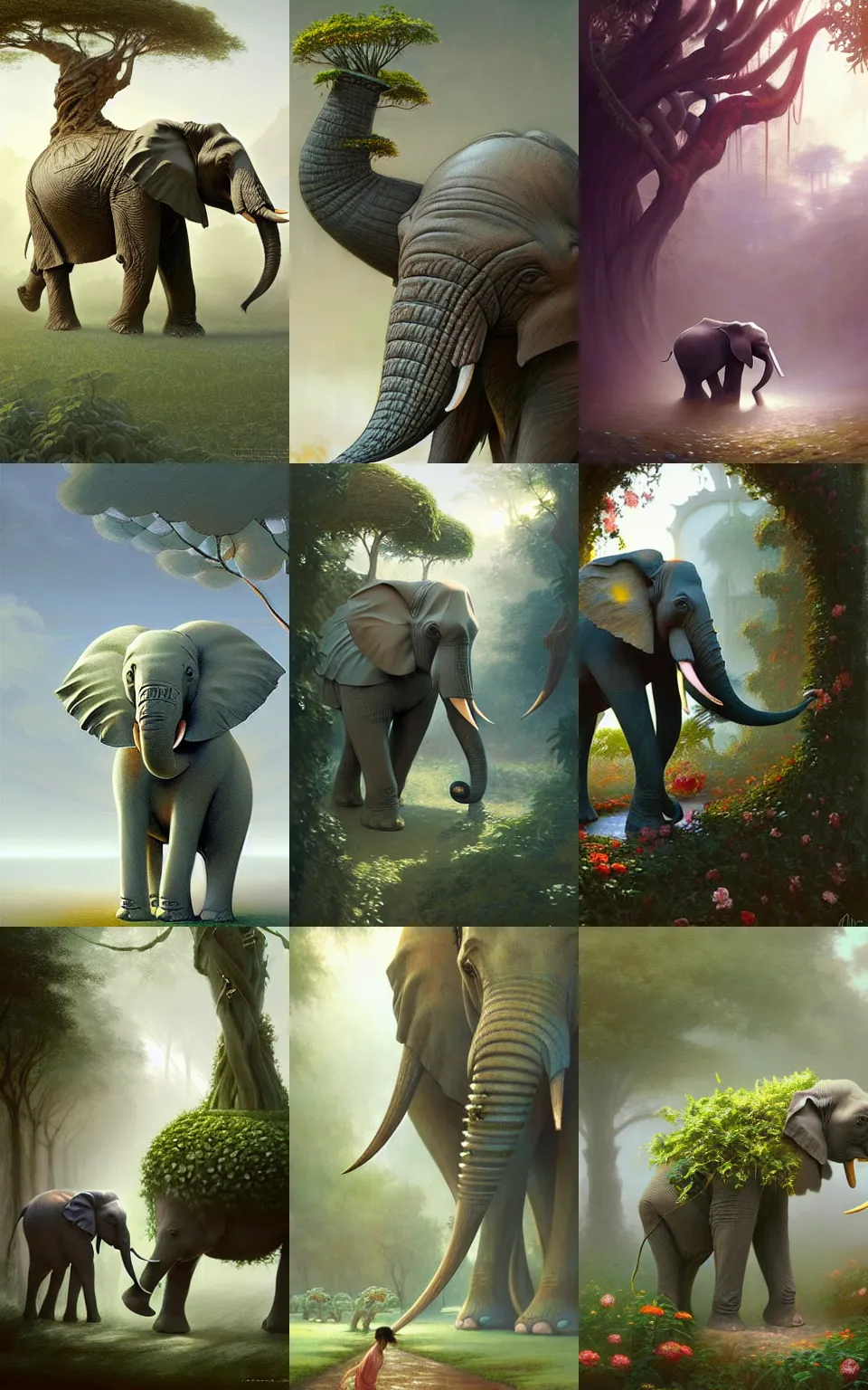Prompt: concept art, flowers and roots and vines topiary of an elephant, mystical, dreamy, style digital painting, concept art, smooth, sharp focus, illustration, from metal gear, by ruan jia and mandy jurgens and william - adolphe bouguereau, artgerm