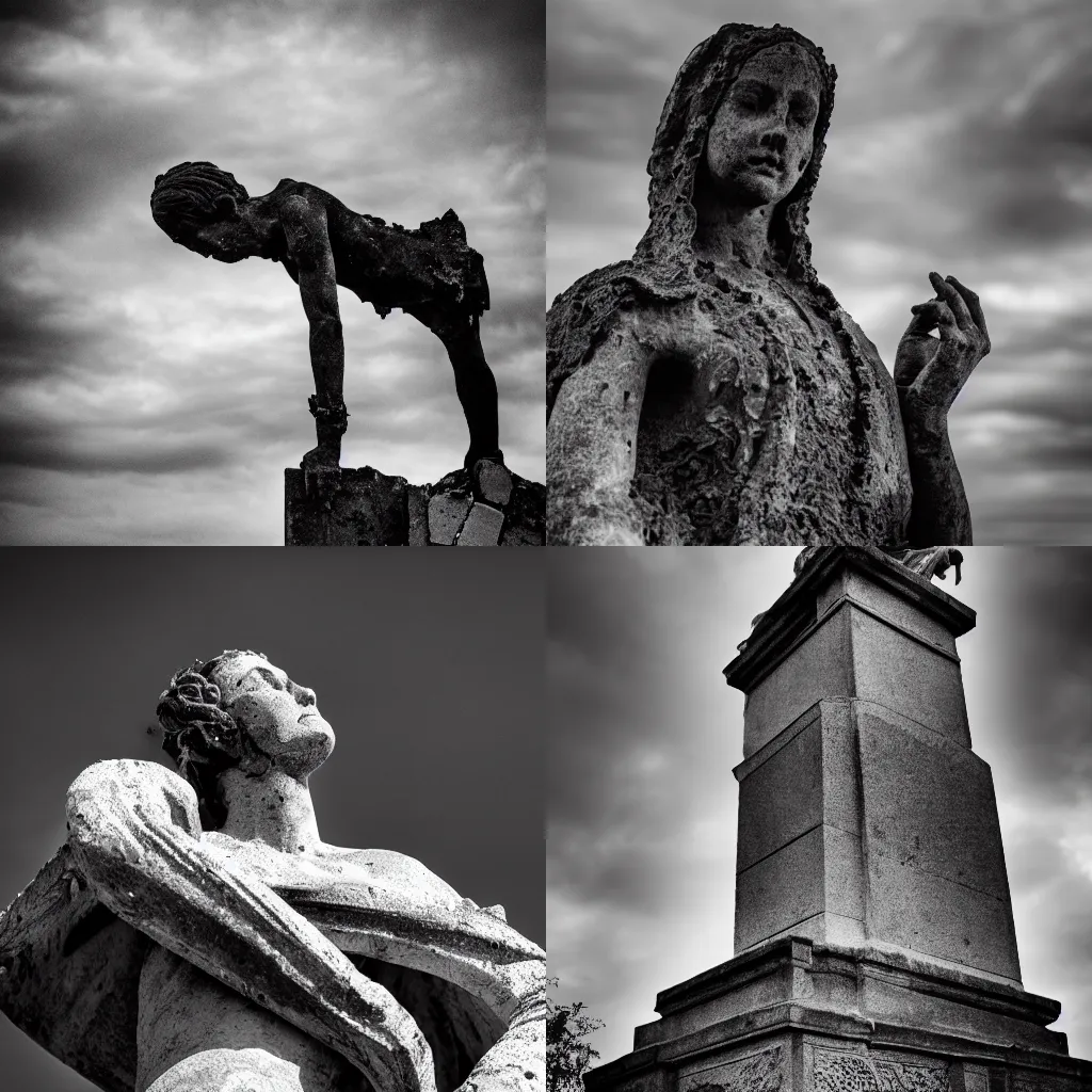 Prompt: black and white photo of a crumbling statue, high detail, beautiful composition, amazing dramatic lighting