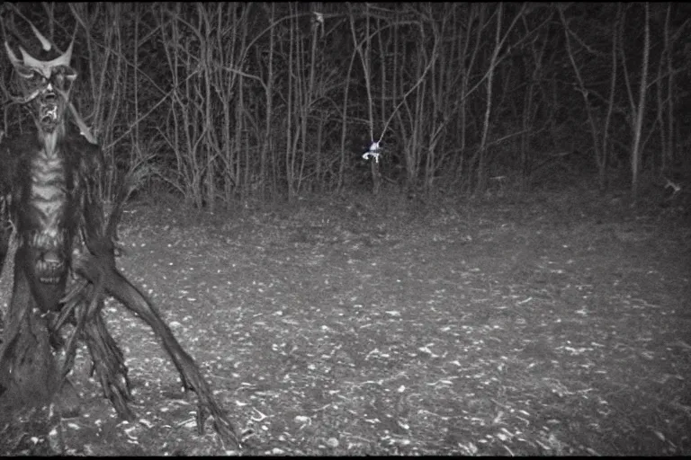 Prompt: low quality trailcam footage of a wendigo in a backyard, at night