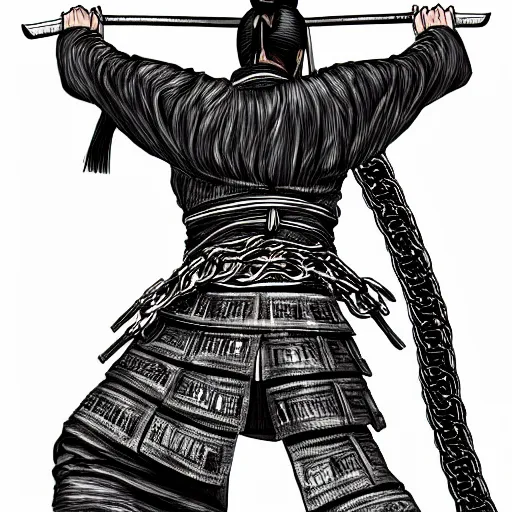 Image similar to A FULL BODY PORTRAIT FROM BEHIND OF A SAMURAI ,THE MAN kEEPS A KUSARIGAMA AND IT IS WRAPPED IN CHAINS ,detailed, concept art, ink style , sketch