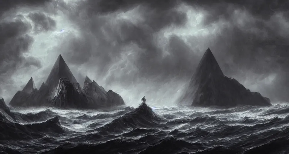 Image similar to black lovecraftian eldritch!! obsidian pyramid!! on a snowy island surrounded by raging stormy seas, with a large shadow of a creature in the background by eugene von guerard, ivan shishkin, night, red lightning!!, storm!, dramatic lighting, concept art, trending on artstation, 8 k