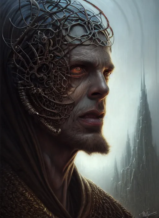 Image similar to closeup portrait shot of a male necromancer in a scenic dystopian environment, intricate, elegant, highly detailed, centered, digital painting, artstation, concept art, smooth, sharp focus, illustration, artgerm, tomasz alen kopera, peter mohrbacher, donato giancola, joseph christian leyendecker, wlop, boris vallejo