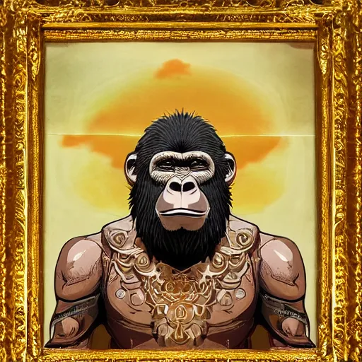 Prompt: 4K headshot portrait of godlike Gorilla of Nazareth with defined arms and open hands and bloody clothes with giant mandala wings , intricate face , flawless anime cel animation by Kentaro Miura, psychedelic , highly detailed upper body , professionally post-processed , beautiful, scary, symmetry accurate features, epic, octane rendered, anime masterpiece, accurate by Craig Mullins, ilya kuvshinov, krenz cushart, epic , artgerm trending on artstation by Edward Hopper and Dan Mumford and WLOP and Rutkovsky, beksinski carl spitzweg moebius and tuomas kocar, intricate artwork by caravaggio, Unreal Engine 5, Lumen, Nanite