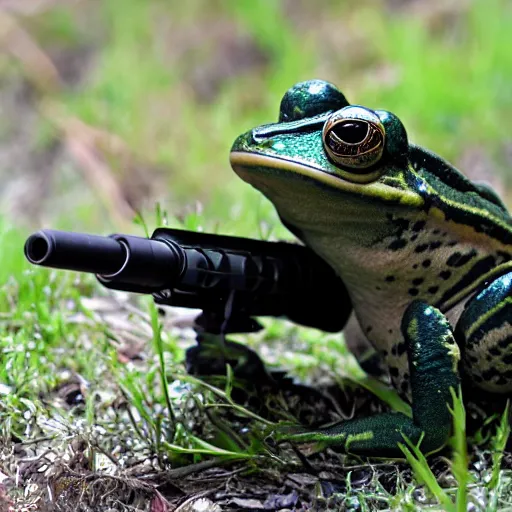 Image similar to weaponized frog equipped with rocket launcher and night vision target acquisition system, photo from janes weekly