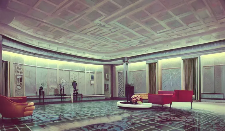 Image similar to a beautiful, sharp focus, clean lines. the interior of a 1 9 4 0 s art deco luxury hotel lobby. vaporwave ombre rendering. outrun style. trending on artstation. recommended for you behance. wes anderson colors. by chris moore. by edward hopper. ambient occlusion. digital matte painting. metropolis filmic. gotham city.