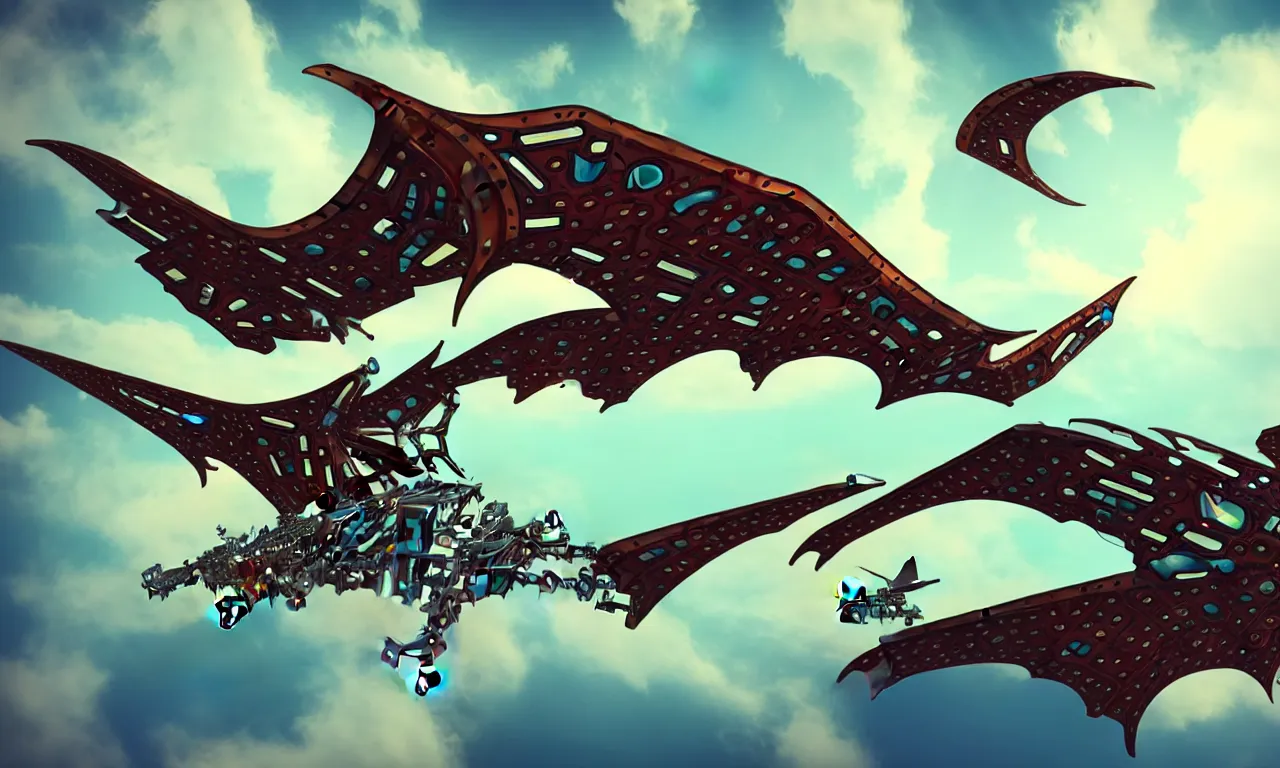 Prompt: mechanical flying ship with giant animallike wings