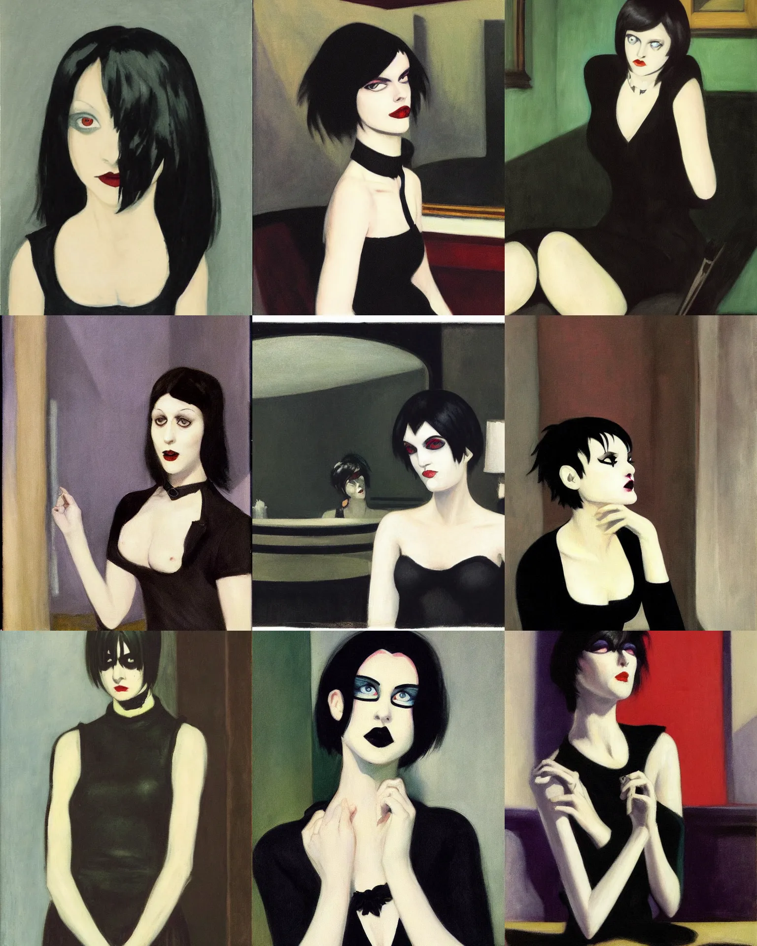 Prompt: A goth by Edward Hopper. She has large evil eyes with entirely-black sclera!!!!!! Her hair is dark brown and cut into a short, messy pixie cut. She has a slightly rounded face, with a pointed chin, and a small nose. She is wearing a black leather jacket, a black knee-length skirt, a black choker, and black leather boots.