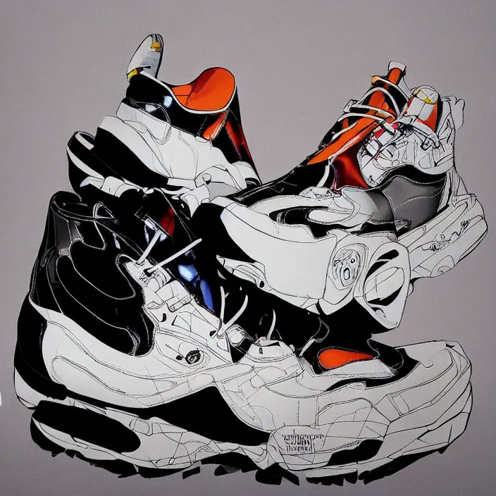 Image similar to futuristic balenciaga sneakers in jeff koons hip hop bauhaus style, highly detailed, hyper realistic, art by todd mcfarlane