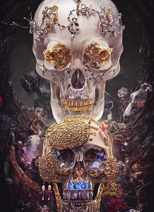 Prompt: A fancy portrait of a crystal skull covered in jewelry by Greg Rutkowski, Sung Choi, Mitchell Mohrhauser, Maciej Kuciara, Johnson Ting, Maxim Verehin, Peter Konig, Bloodborne, 8k photorealistic, cinematic lighting, HD, high details, dramatic, atmospheric , trending on artstation