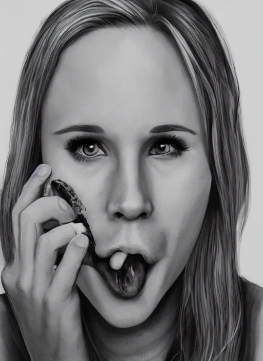 Image similar to portrait of kristen bell eating a banana, intricate, elegant, highly detailed, photorealistic, trending on artstation, digital art