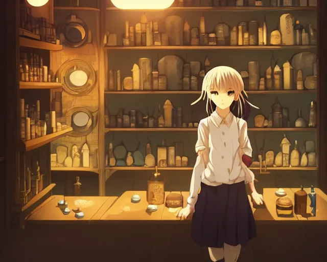 Prompt: anime visual, portrait of a young female traveler in a alchemist's potion shop interior, cute face by katsura masakazu and yoh yoshinari,, cinematic luts, cold studio lighting, dynamic pose, dynamic perspective, strong silhouette, anime cels, ilya kuvshinov, cel shaded, crisp and sharp, rounded eyes, moody