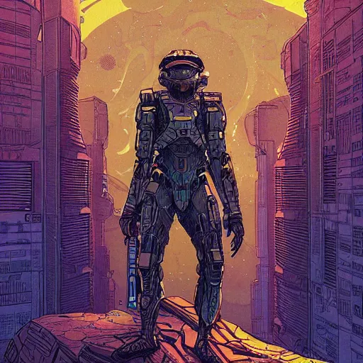 Prompt: stunningly intricate illustration of a cyberpunk explorer with active camo from halo, highly detailed, midnight, by josan gonzalez, victo ngai, moebius, laurie greasley
