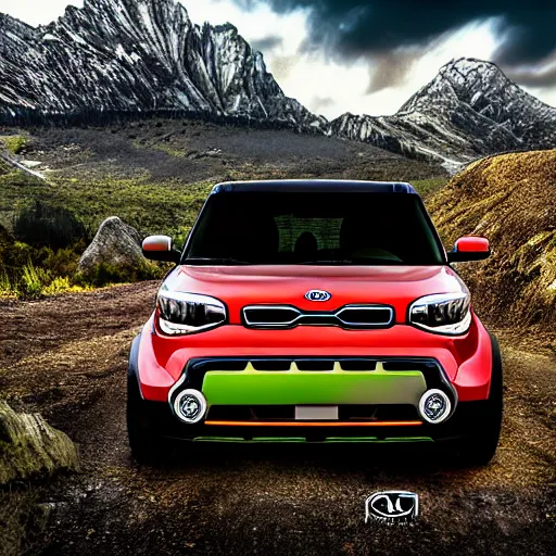 Image similar to Kia Soul, Professional Photography, Lifted, Big Tires, Skyrim, Rock Crawling, Mountain landscape, dirt, road, cinematic color, photorealistic, highly detailed wheels, highly detailed