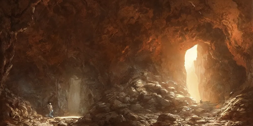 Image similar to a stone portal glowing from within, in a cave, foggy, surrounded by rocks, art by greg rutkowski