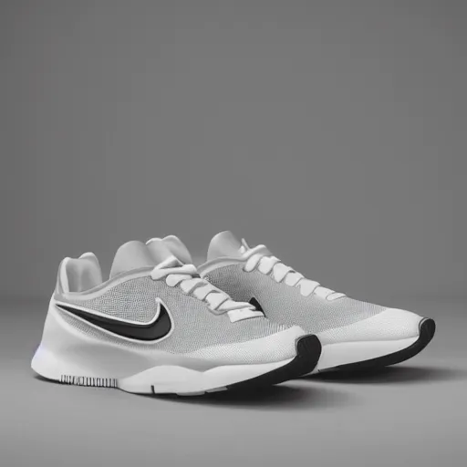 Image similar to a studio photoshoot of A Nike running sneaker designed by Dieter Rams, mesh fabrics, realistic, color film photography by Tlyer Mitchell, 35 mm, graflex