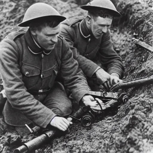 Prompt: ww 1, in the trenches. two soldiers fixing a telegraphy line while their corps is under attack