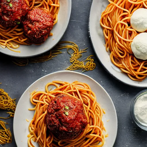 Image similar to food photography of nuclear spaghetti and meatballs