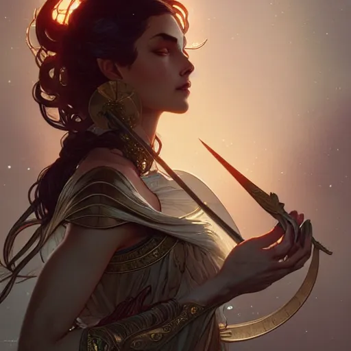 Image similar to Artemis, fantasy, intricate, elegant, highly detailed, digital painting, artstation, concept art, matte, sharp focus, illustration, art by Artgerm and Greg Rutkowski and Alphonse Mucha