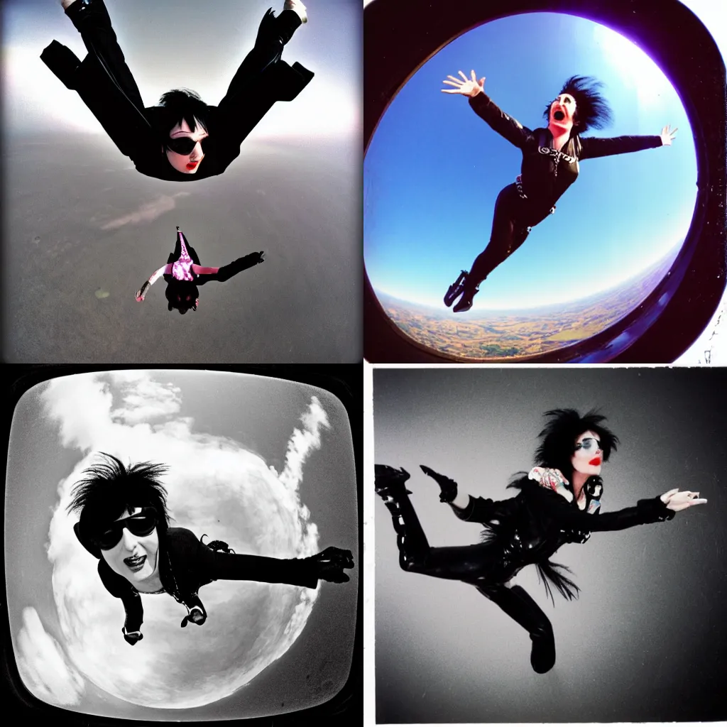 Prompt: siouxsie sioux skydiving, fisheye lens photo