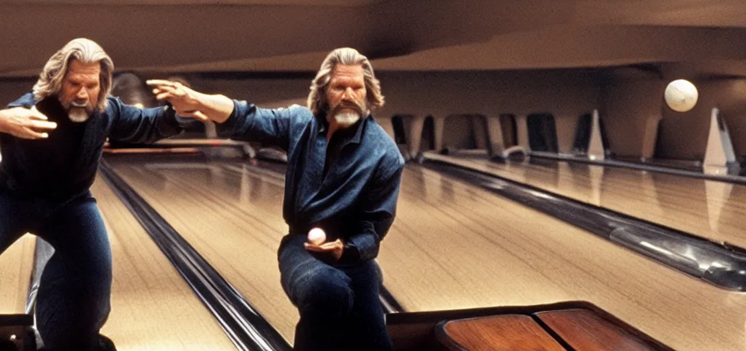 Image similar to Jeff Bridges The Dude throwing bowling balls down a bowling lane in Star Wars