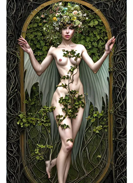 Prompt: beautiful full body art nouveau portrait of a great fairy queen, her body wrapped with ivy vines and flowers, dark fantasy esoteric, D&D, fantasy, cinematic lighting, intricate, elegant, highly detailed, digital painting, artstation, concept art, matte, sharp focus, illustration, art by Artgerm and Tom Bagshaw and Greg Rutkowski and Alphonse Mucha