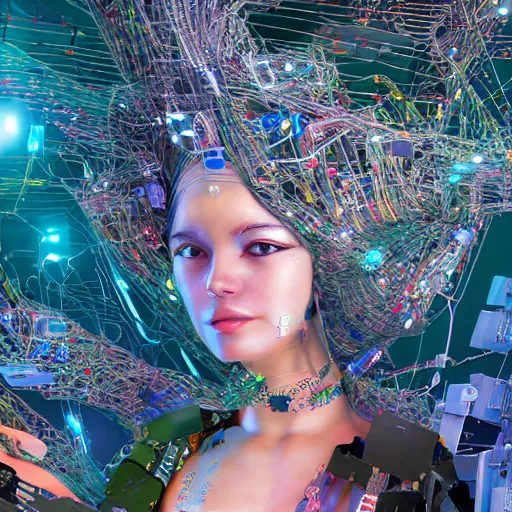 Image similar to deeper into the metaverse we go, piles of modular synth cables mixed with roots, kawaii puerto rican goddess swimming up wearing a headpiece made of circuit boards, by cameron gray, wlop, stanley kubrick, masamune, hideki anno, jamie hewlett, unique perspective, trending on artstation, 3 d render, vivid