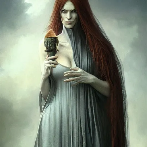 Prompt: ultra realist soft painting portrait of a single gothic mage in a full long curvy slim dress in Demon Souls, thin long auburn hair, symmetry accurate features, very intricate details, volumetric lighting, by Tom Bagshaw Boris Vallejo