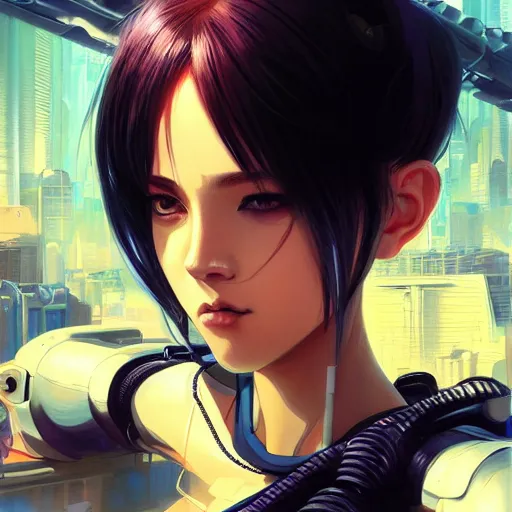 Image similar to A cyberpunk cyborg girl with big and cute eyes, fine-face, realistic shaded perfect face, fine details. Very anime style. Realistic shaded lighting poster by Ilya Kuvshinov katsuhiro, magali villeneuve, artgerm, Jeremy Lipkin and Michael Garmash, Rob Rey and Kentarõ Miura style, trending on art station
