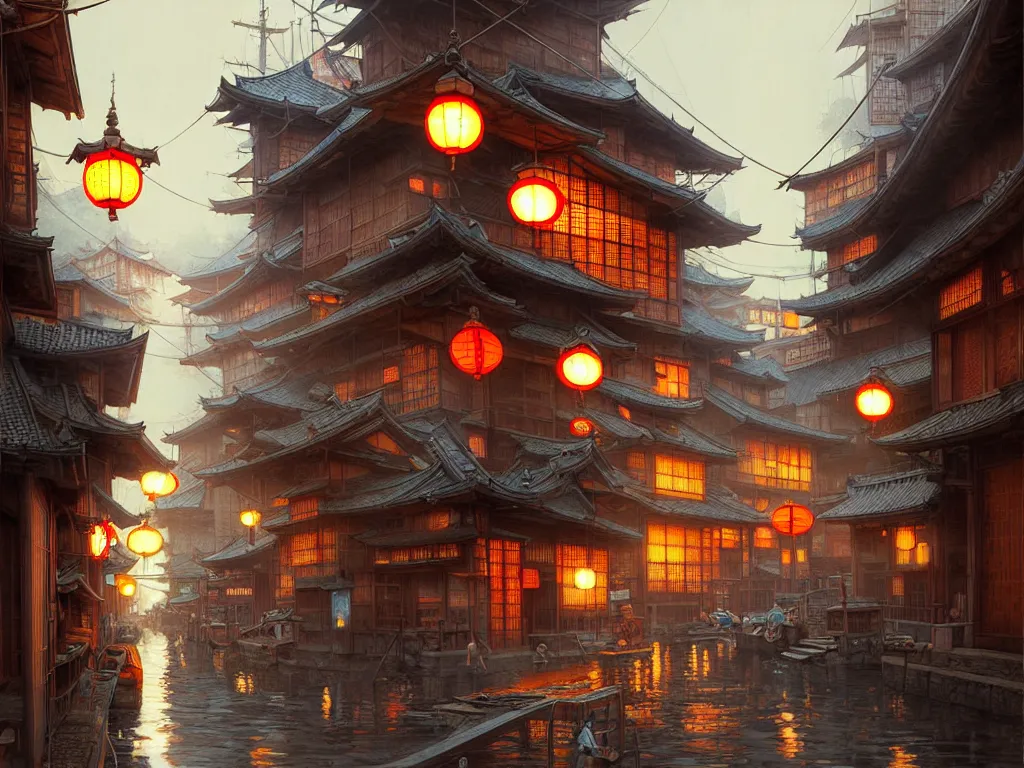 Image similar to old japanese street view from the harbor, d & d digital painting, intricate details, ultra realistic, beautiful, volumetric lighting, warm colors advance, cell shading, by james jean, greg rutkowski, gerald brom,