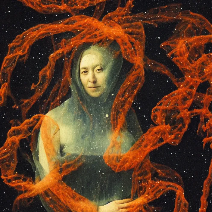 Prompt: a closeup portrait of a cloaked woman floating next to an eel nebula, eel nebula, early netherlandish painting