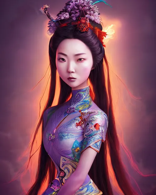 Prompt: an epic fantasy comic book style full body portrait painting of a beautiful Chinese woman, long fire hair, cute, character design by Mark Ryden and Pixar and Hayao Miyazaki, unreal 5, DAZ, hyperrealistic, octane render, cosplay, RPG portrait, dynamic lighting, intricate detail, summer vibrancy, cinematic