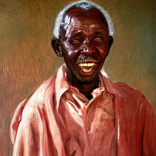 Image similar to a painting of a jovial, loving, daddy/fatherly, generous, kind wise elder from Kenya by Henry Ossawa Tanner . dramatic angle, ethereal lights, details, smooth, sharp focus, illustration, realistic, cinematic, artstation, award winning, rgb , unreal engine, octane render, cinematic light, macro, depth of field, blur, red light and clouds from the back, highly detailed epic cinematic concept art CG render made in Maya, Blender and Photoshop, octane render, excellent composition, dynamic dramatic cinematic lighting, aesthetic, very inspirational, arthouse.