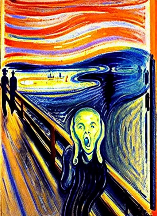 Image similar to oil painting of The Scream taking a seflie with an iPhone by Edvard Munch