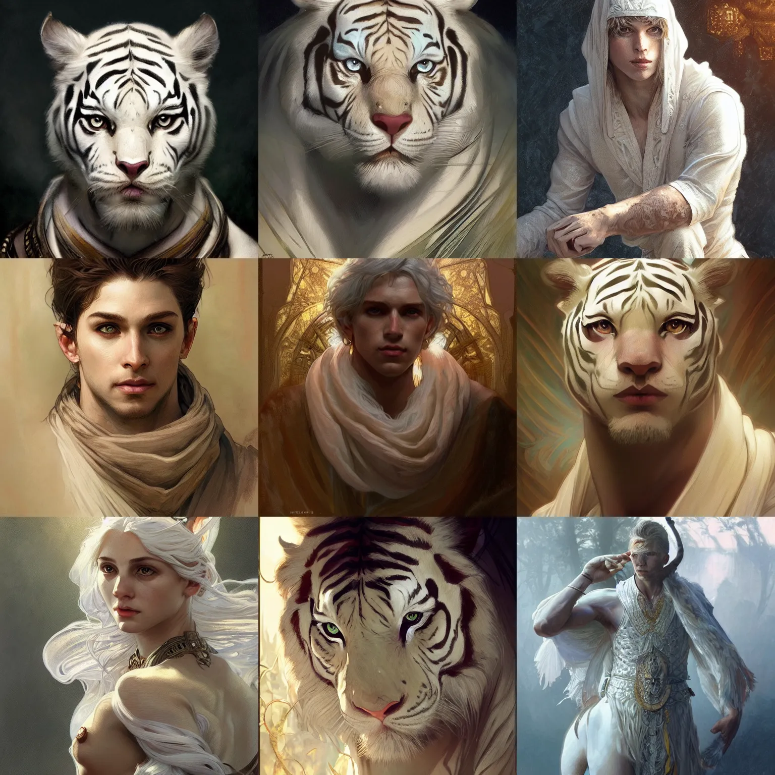 Prompt: A portrait of a male human white bengal tiger, D&D, fantasy, intricate, cinematic lighting, highly detailed, digital painting, Artstation, concept art, smooth, sharp focus, illustration, art by Artgerm and Greg Rutkowski, Alphonse Mucha and charlie bowater