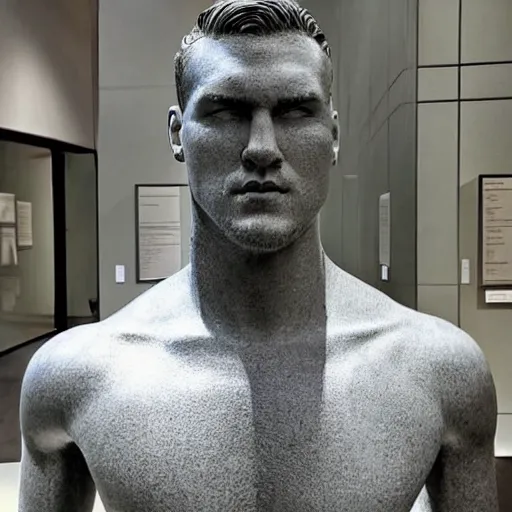 Prompt: “a realistic detailed photo of a guy who is an attractive humanoid who is half robot and half humanoid, who is a male android, baseball player Mike Trout, shiny skin, posing like a statue, blank stare, two of them, at a museum, on display”