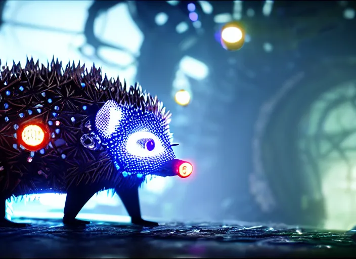 Image similar to intricate hedgehog with leds instead of needles, on the background of a weird magical mechanical forest. Very detailed 8k. Fantasy cyberpunk horror. Sharp. Cinematic post-processing. Unreal engine. Nanite. Ray tracing. Parallax. Tessellation