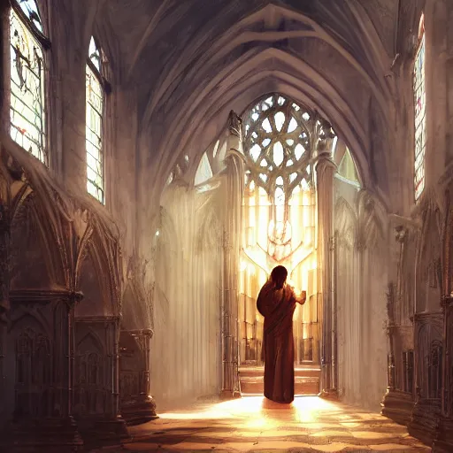 Image similar to angel protecting man who is praying inside a gothic church by Stanley Artgerm Lau, WLOP, Rossdraws, James Jean, Andrei Riabovitchev, Marc Simonetti, Yoshitaka Amano, ArtStation, CGSociety
