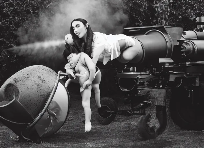 Prompt: photography of Kim Kardashian shooting a baby out of a cannon