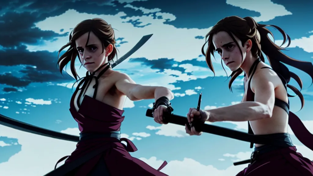 Image similar to a very detailed key visual of emma watson in demon slayer, action lines, ufotable, greg rutkowski, high resolution, dynamic pose, landscape, medium portrait, samurai outfit, action, hyper realistic, anime, koyoharu gotouge, sakuga