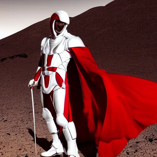 Prompt: portrait of a tall muscular infantry man in glossy sleek white armor with a few red details and a long red cape, heroic posture, on the surface of mars, night time, dramatic lighting, cinematic, sci-fi, hyperrealistic, movie still