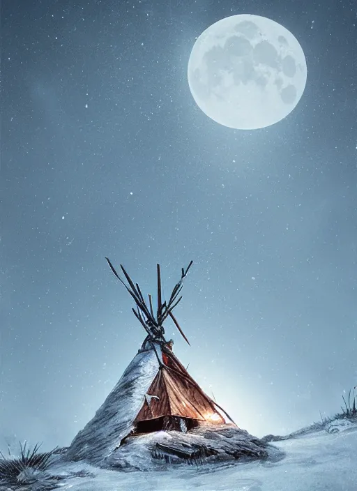 Prompt: an abandoned teepee on the top of a snowy mountain, waxing moon, greg rutkowski, 8 k, shallow depth of field, intricate detail, concept art,