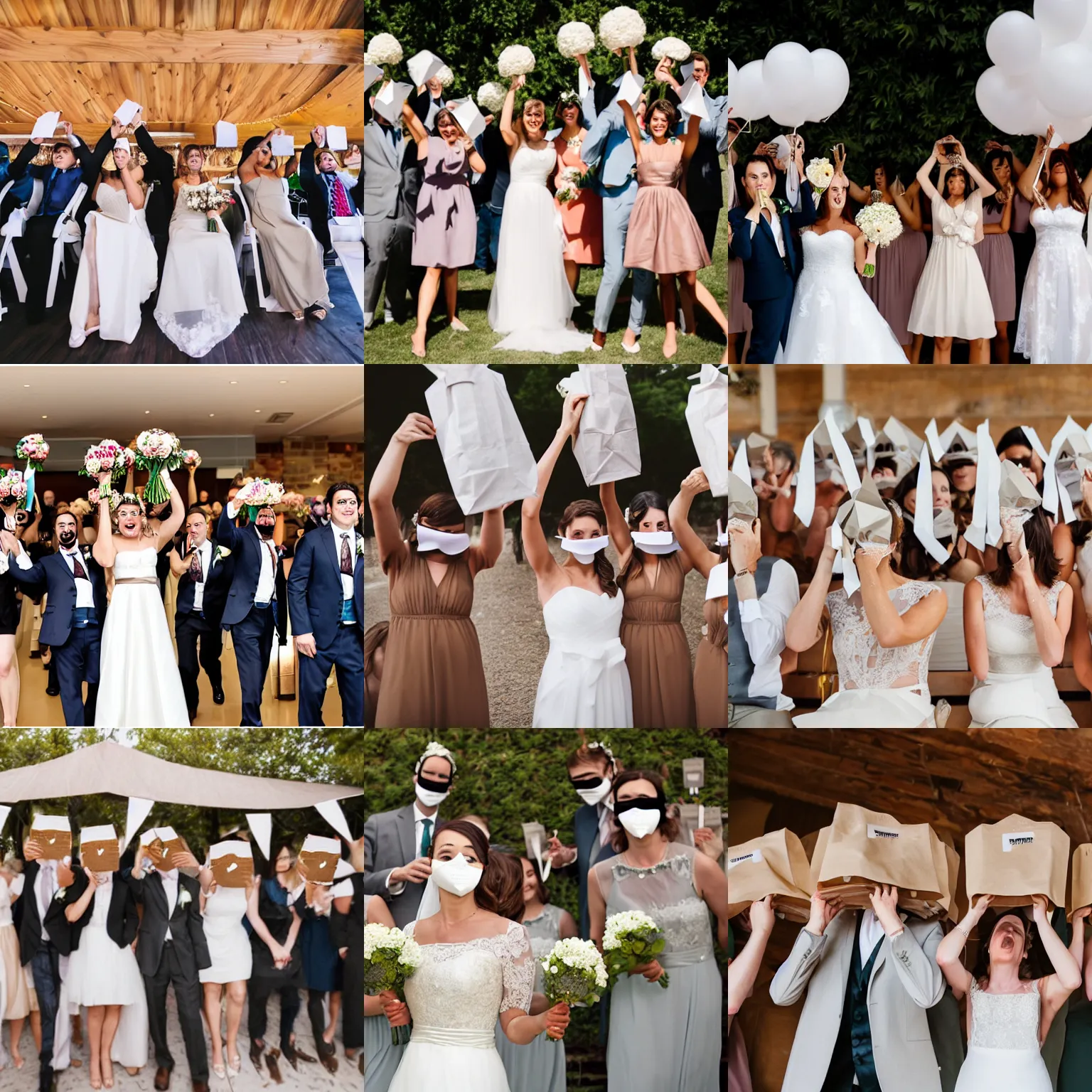 Prompt: wedding with paper bags over the heads of all attendees