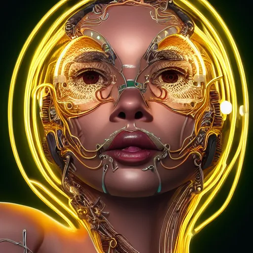 Image similar to woman integrating with technology, full face, detailed intricate ornate cables connected to head, big open electric eyes, luxurious detailed abundent wiring and implants, diamonds, sci-fi, neon, emeralds, detailed technology full background, highly detailed, artstation, Rene Lalique and Eddie Mendoza