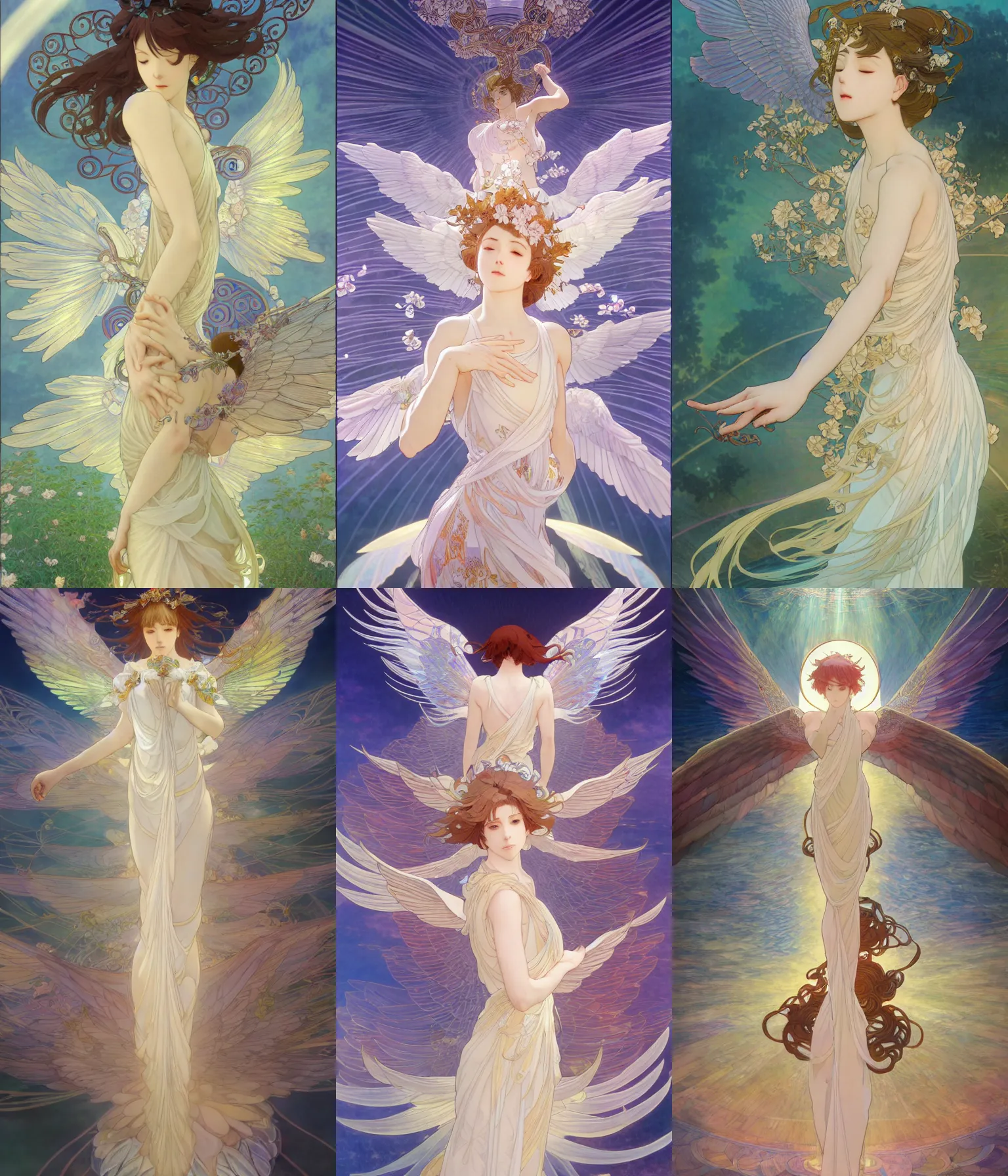 Prompt: wings, goddess angel of tranquility. hyper detailed, character concept, full body, dynamic pose, intricate, lineart, cerpuscular rays, lily flower. by yoshitaka amano, alfons mucha and makoto shinkai. 8 k