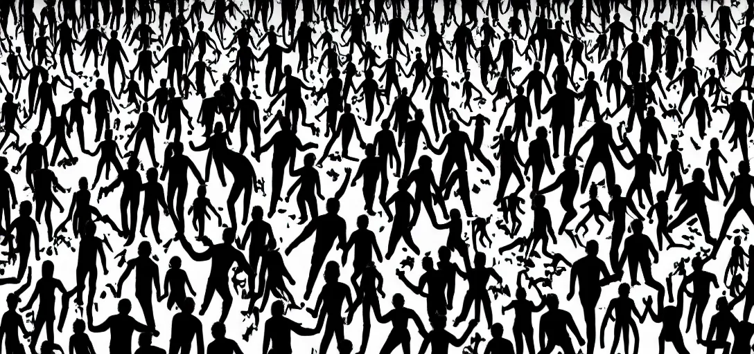 Image similar to multiple close interacting human figures, limbs scattered, explosions, splotches, concept art, illustration, transparency, sss, occlusion, high contrast, very long shadows, on white