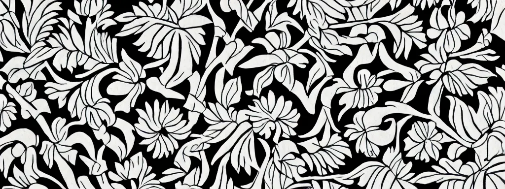 Prompt: Elaborate floral print of exotic plants in the style of Matisse, high contrast finely carved woodcut black and white crisp edges