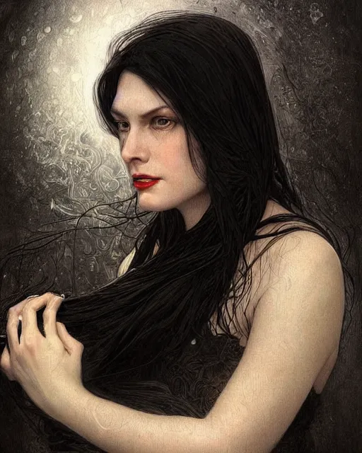 Image similar to portrait of evil a tall 4 0 - year - old woman with thin lips, heavy - lidded eyes, a strong jaw and long, thick shining black hair, thick eyebrows and long eyelashes, wearing in black clothes, hyper realistic face, beautiful eyes, fantasy art, in the style of greg rutkowski, intricate, alphonse mucha, hyper detailed, smooth